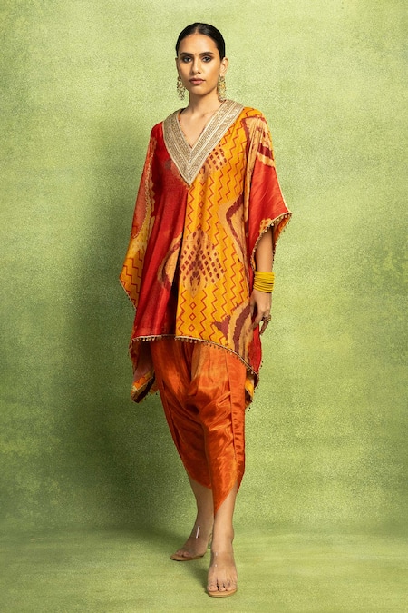 Shop_Vedika M_Orange Tissue, Satin, Linen, Silk Abstract Print Kaftan Top And Dhoti Pant Set _Online_at_Aza_Fashions