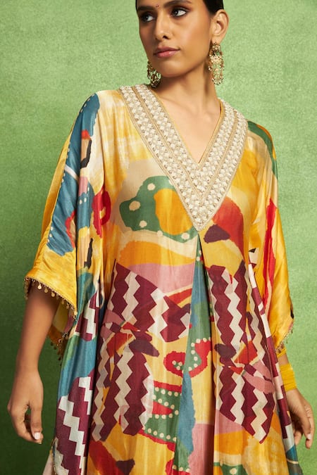 Vedika M_Multi Color Tissue, Satin, Linen, Abstract Print Kaftan Top And Dhoti Pant Set _Online_at_Aza_Fashions