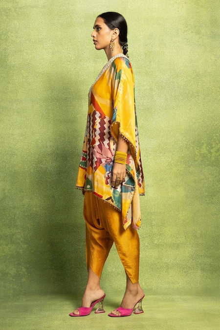 Buy_Vedika M_Multi Color Tissue, Satin, Linen, Abstract Print Kaftan Top And Dhoti Pant Set _Online_at_Aza_Fashions