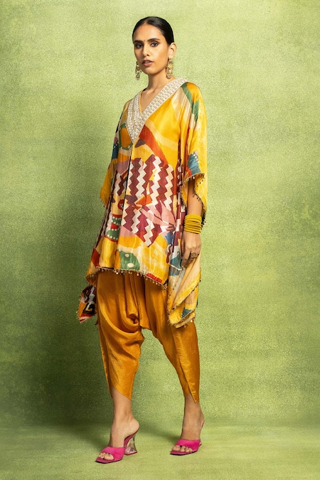 Shop_Vedika M_Multi Color Tissue, Satin, Linen, Abstract Print Kaftan Top And Dhoti Pant Set _Online_at_Aza_Fashions