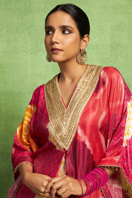 Vedika M_Pink Tissue, Satin, Linen Embroidery, Abstract Print Kaftan Top And Dhoti Pant Set _Online_at_Aza_Fashions