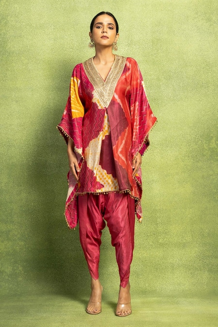 Buy_Vedika M_Pink Tissue, Satin, Linen Embroidery, Abstract Print Kaftan Top And Dhoti Pant Set _Online_at_Aza_Fashions