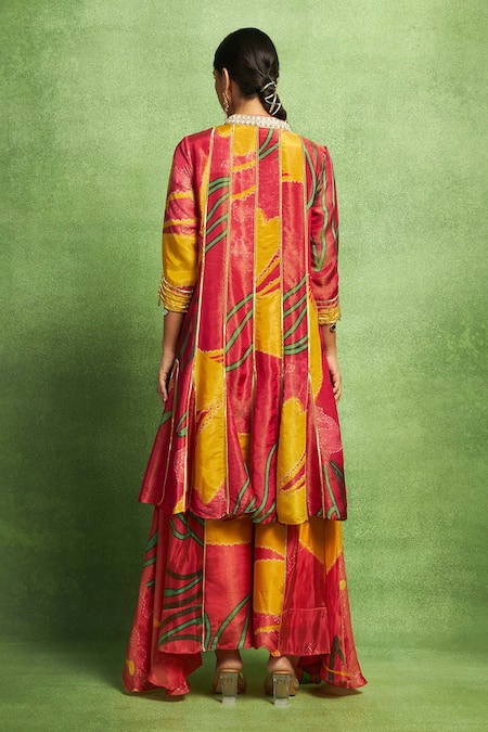 Shop_Vedika M_Pink Tissue, Silk Embroidery, Hand Paneled Kurta And Asymmetrical Pant Set _at_Aza_Fashions