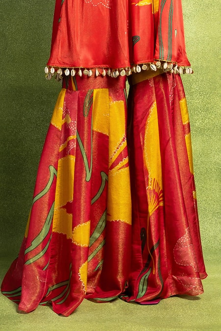 Buy_Vedika M_Red Tissue, Satin, Linen, Silk Abstract Floral Print Kurta And Sharara Pant Set _Online_at_Aza_Fashions