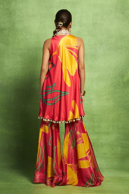 Shop_Vedika M_Red Tissue, Satin, Linen, Silk Abstract Floral Print Kurta And Sharara Pant Set _at_Aza_Fashions
