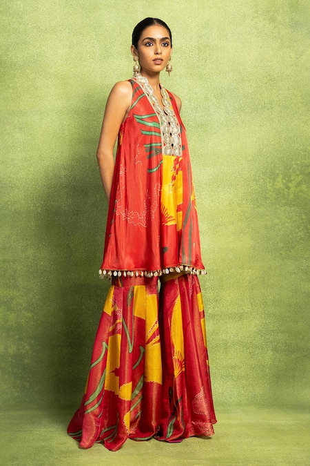 Shop_Vedika M_Red Tissue, Satin, Linen, Silk Abstract Floral Print Kurta And Sharara Pant Set _Online_at_Aza_Fashions