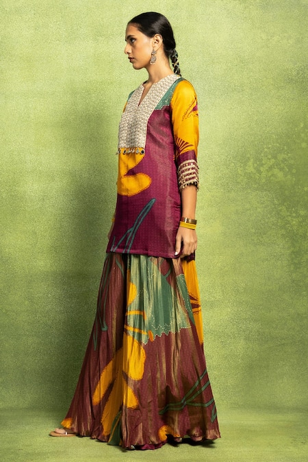 Shop_Vedika M_Yellow Tissue, Satin, Linen, Silk Abstract Floral Print Kurta And Flared Pant Set _Online_at_Aza_Fashions