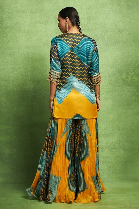 Shop_Vedika M_Blue Tissue, Satin, Linen, Silk Abstract Print Kurta And Flared Pant Set _at_Aza_Fashions