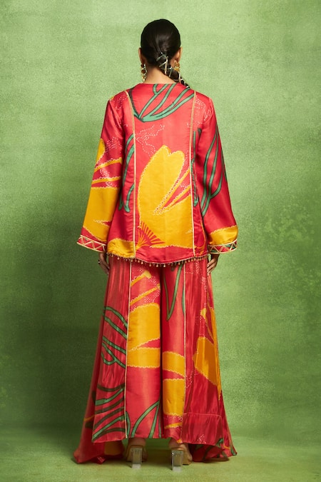 Shop_Vedika M_Red Tissue, Satin, Linen, Silk Abstract Floral Print Kurta And Flared Pant Set _at_Aza_Fashions
