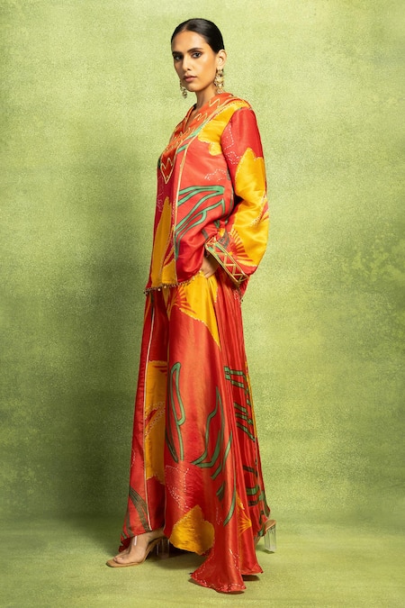 Shop_Vedika M_Red Tissue, Satin, Linen, Silk Abstract Floral Print Kurta And Flared Pant Set _Online_at_Aza_Fashions