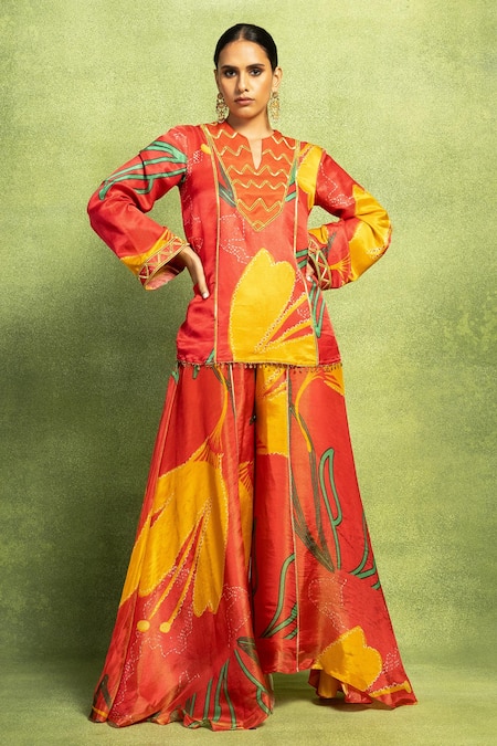 Vedika M Red Tissue, Satin, Linen, Silk Abstract Floral Print Kurta And Flared Pant Set 