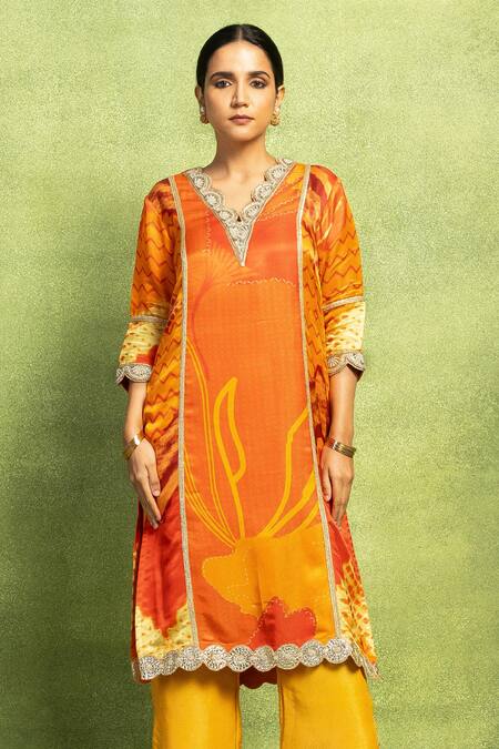 Buy Vedika M Orange Satin, Linen Embroidery, Mirrors V-neck Abstract Floral Hand Kurta Set Online at Aza Fashions Buy_Vedika M_Orange Satin, Linen Embroidery, Mirrors V-neck Abstract Floral Hand Kurta Set _Online_at_Aza_Fashions
