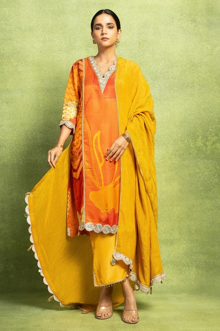Vedika M Orange Satin, Linen Embroidery, Mirrors V-neck Abstract Floral Hand Kurta Set 