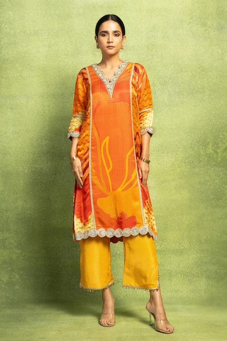 Vedika M Orange Satin, Linen Embroidery, Mirrors V-neck Abstract Floral Hand Kurta Set at Aza Fashions Vedika M_Orange Satin, Linen Embroidery, Mirrors V-neck Abstract Floral Hand Kurta Set _at_Aza_Fashions