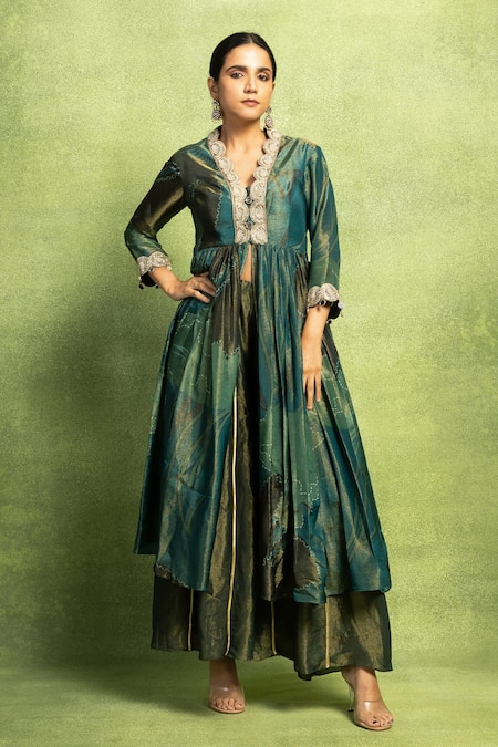 Vedika M Green Tissue, Silk Embroidery, Abstract Floral Print Gathered Kurta And Pant Set 