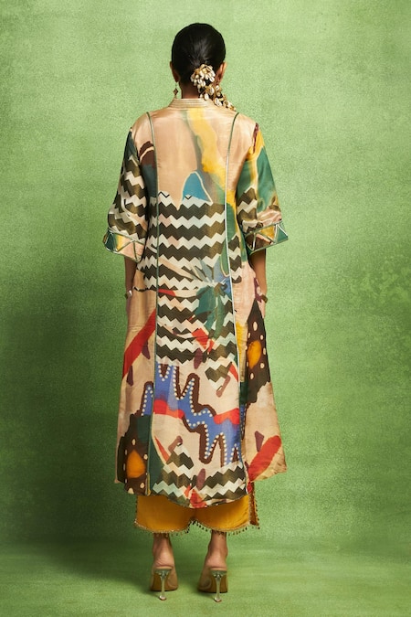 Shop_Vedika M_Beige Tissue, Silk, Satin, Linen Abstract Print Hand Kurta And Pant Set _at_Aza_Fashions