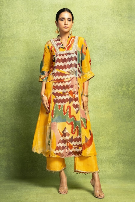 Vedika M Yellow Tissue, Silk, Satin, Linen Abstract Print Hand Kurta And Pant Set 