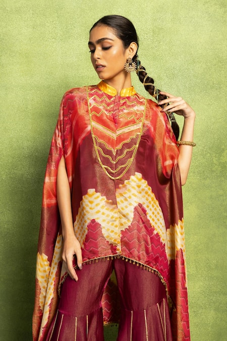 Buy_Vedika M_Multi Color Tissue, Silk, Satin, Linen Embroidery, Kaftan Kurta And Sharara Set _Online_at_Aza_Fashions