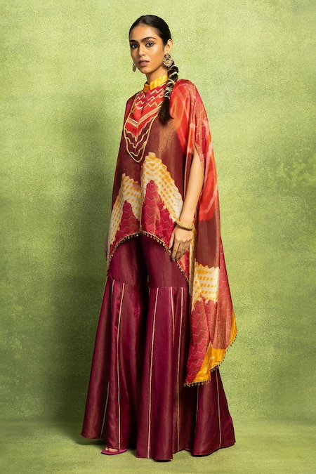 Shop_Vedika M_Multi Color Tissue, Silk, Satin, Linen Embroidery, Kaftan Kurta And Sharara Set _Online_at_Aza_Fashions