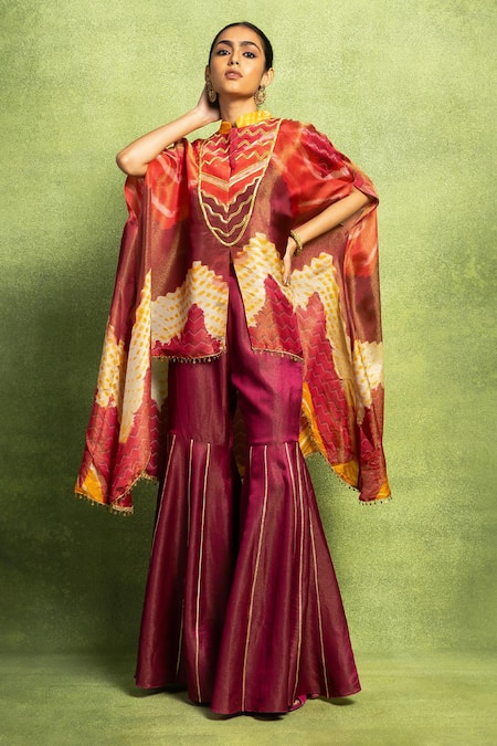 Vedika M_Multi Color Tissue, Silk, Satin, Linen Embroidery, Kaftan Kurta And Sharara Set _at_Aza_Fashions