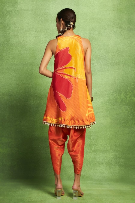 Shop Vedika M Orange Satin, Linen, Tissue, Silk Abstract Floral Print Kurta And Dhoti Pant Set at Aza Fashions Shop_Vedika M_Orange Satin, Linen, Tissue, Silk Abstract Floral Print Kurta And Dhoti Pant Set _at_Aza_Fashions