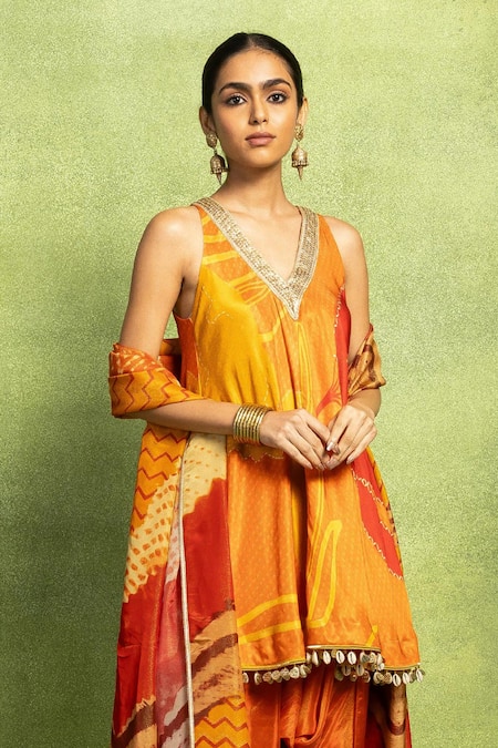 Buy Vedika M Orange Satin, Linen, Tissue, Silk Abstract Floral Print Kurta And Dhoti Pant Set Online at Aza Fashions Buy_Vedika M_Orange Satin, Linen, Tissue, Silk Abstract Floral Print Kurta And Dhoti Pant Set _Online_at_Aza_Fashions