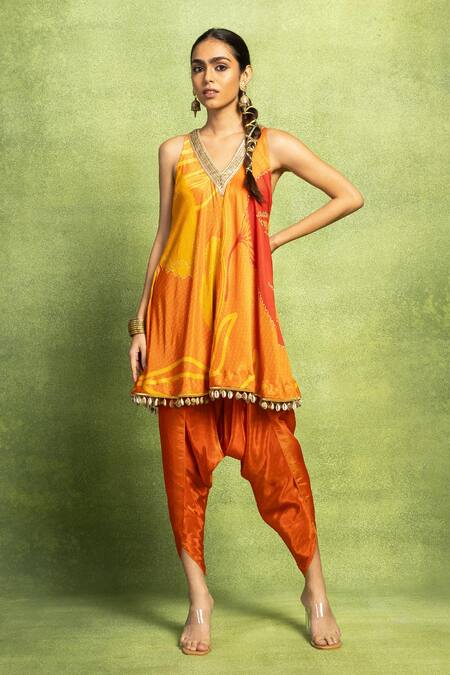 Shop Vedika M Orange Satin, Linen, Tissue, Silk Abstract Floral Print Kurta And Dhoti Pant Set Online at Aza Fashions Shop_Vedika M_Orange Satin, Linen, Tissue, Silk Abstract Floral Print Kurta And Dhoti Pant Set _Online_at_Aza_Fashions