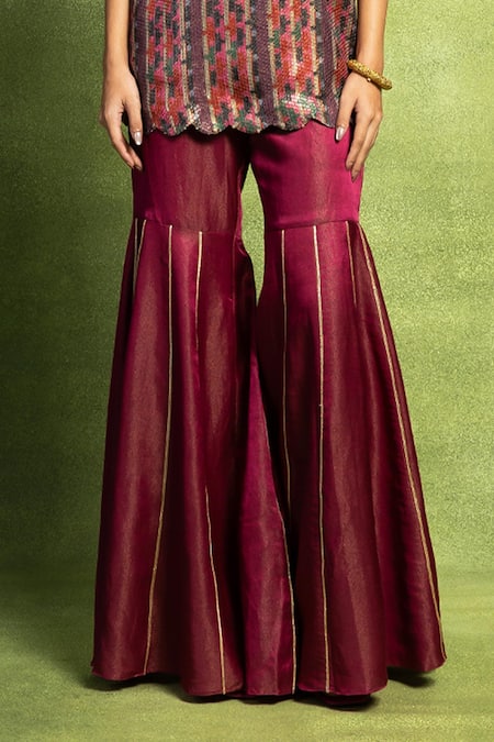 Vedika M Purple Tissue, Satin, Linen Sequins, Zari Square Embroidered Kurta And Sharara Set Online at Aza Fashions Vedika M_Purple Tissue, Satin, Linen Sequins, Zari Square Embroidered Kurta And Sharara Set _Online_at_Aza_Fashions