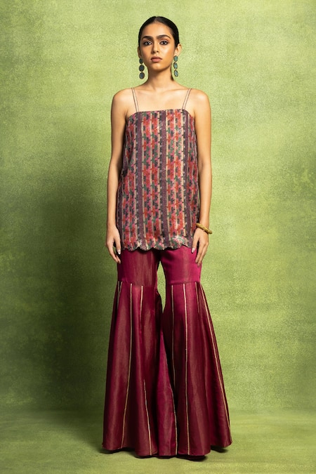 Shop Vedika M Purple Tissue, Satin, Linen Sequins, Zari Square Embroidered Kurta And Sharara Set Online at Aza Fashions Shop_Vedika M_Purple Tissue, Satin, Linen Sequins, Zari Square Embroidered Kurta And Sharara Set _Online_at_Aza_Fashions