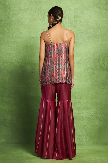 Shop Vedika M Purple Tissue, Satin, Linen Sequins, Zari Square Embroidered Kurta And Sharara Set at Aza Fashions Shop_Vedika M_Purple Tissue, Satin, Linen Sequins, Zari Square Embroidered Kurta And Sharara Set _at_Aza_Fashions