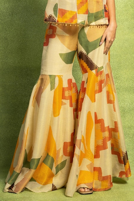 Vedika M Beige Tissue, Silk Embroidery, Abstract Floral Printed Top And Sharara Set Online at Aza Fashions Vedika M_Beige Tissue, Silk Embroidery, Abstract Floral Printed Top And Sharara Set _Online_at_Aza_Fashions