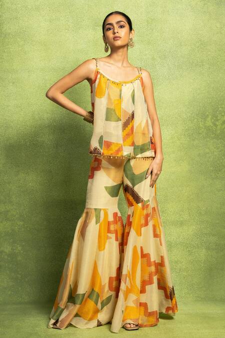 Shop Vedika M Beige Tissue, Silk Embroidery, Abstract Floral Printed Top And Sharara Set Online at Aza Fashions Shop_Vedika M_Beige Tissue, Silk Embroidery, Abstract Floral Printed Top And Sharara Set _Online_at_Aza_Fashions