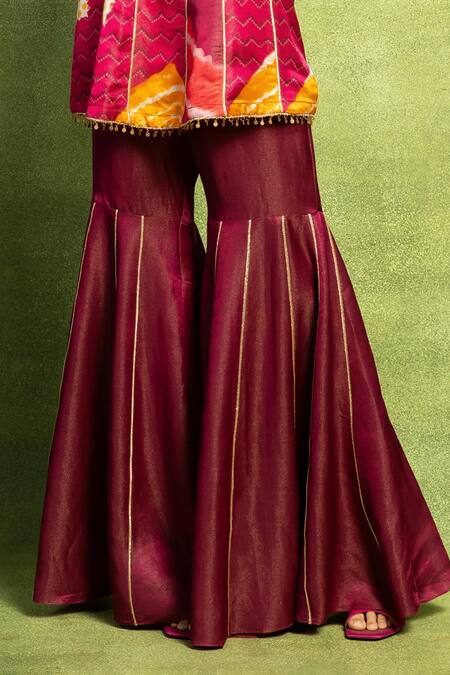 Vedika M_Pink Tissue, Satin, Linen, Silk Tassels, Abstract Print Kurta And Sharara Set  _Online_at_Aza_Fashions