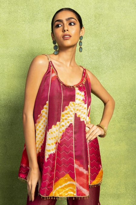 Buy_Vedika M_Pink Tissue, Satin, Linen, Silk Tassels, Abstract Print Kurta And Sharara Set  _Online_at_Aza_Fashions