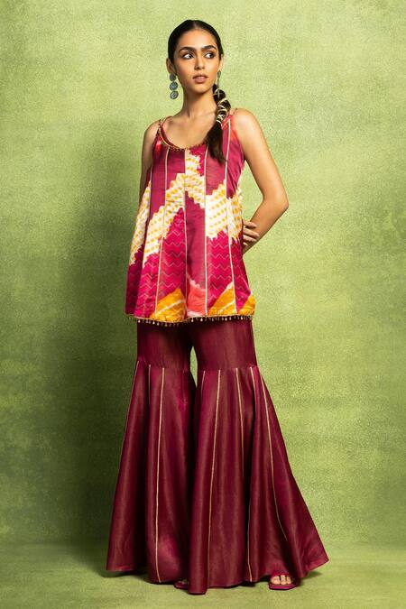 Shop_Vedika M_Pink Tissue, Satin, Linen, Silk Tassels, Abstract Print Kurta And Sharara Set  _Online_at_Aza_Fashions