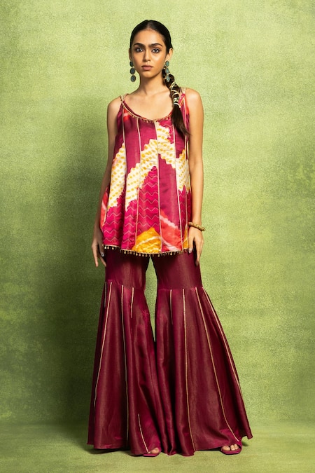 Vedika M_Pink Tissue, Satin, Linen, Silk Tassels, Abstract Print Kurta And Sharara Set  _at_Aza_Fashions