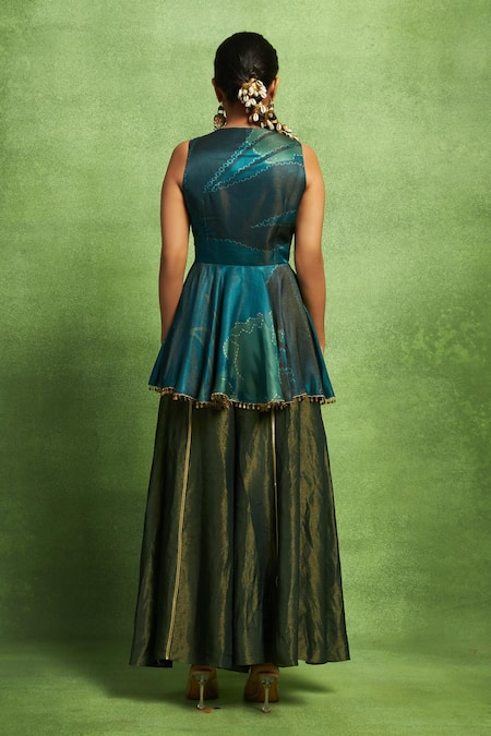 Shop Vedika M Green Satin, Linen, Tissue, Silk Abstract Floral Print Gathered Kurta And Pant Set at Aza Fashions Shop_Vedika M_Green Satin, Linen, Tissue, Silk Abstract Floral Print Gathered Kurta And Pant Set _at_Aza_Fashions