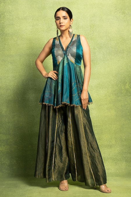 Vedika M Abstract Floral Print Gathered Kurta & Pant Set 