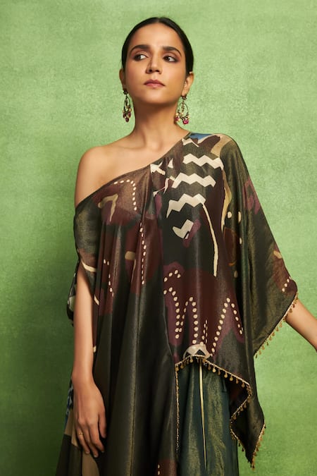 Vedika M_Green Linen, Tissue, Silk Abstract Print Hi-low Top And Flared Pant Set _Online_at_Aza_Fashions