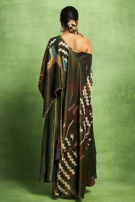Shop_Vedika M_Green Linen, Tissue, Silk Abstract Print Hi-low Top And Flared Pant Set _at_Aza_Fashions