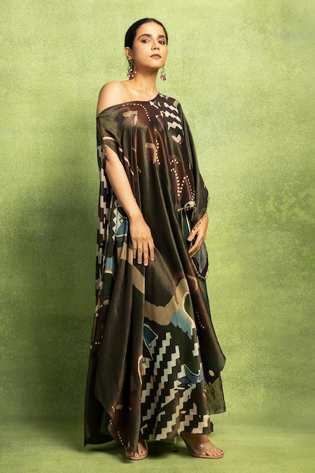 Buy_Vedika M_Green Linen, Tissue, Silk Abstract Print Hi-low Top And Flared Pant Set _Online_at_Aza_Fashions