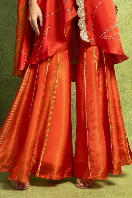 Vedika M_Orange Satin, Linen, Tissue Abstract Floral Print Jacket And Sharara Set _Online_at_Aza_Fashions