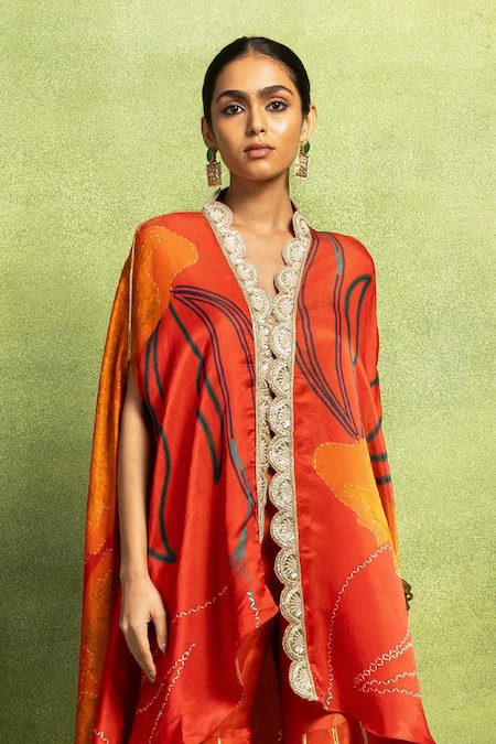 Buy_Vedika M_Orange Satin, Linen, Tissue Abstract Floral Print Jacket And Sharara Set _Online_at_Aza_Fashions