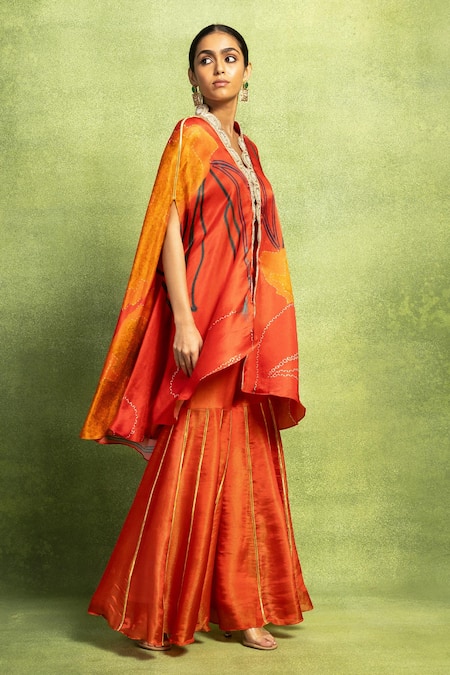 Vedika M_Orange Satin, Linen, Tissue Abstract Floral Print Jacket And Sharara Set _at_Aza_Fashions