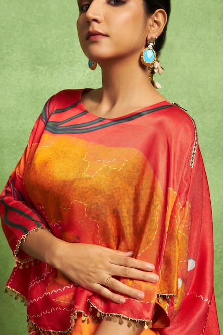 Vedika M_Red Satin, Linen, Tissue, Silk Abstract Floral Overlap Top And Pleated Skirt _Online_at_Aza_Fashions