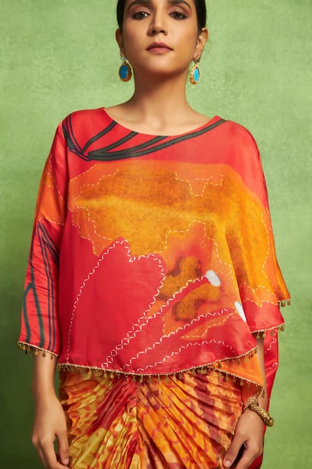 Buy_Vedika M_Red Satin, Linen, Tissue, Silk Abstract Floral Overlap Top And Pleated Skirt _Online_at_Aza_Fashions