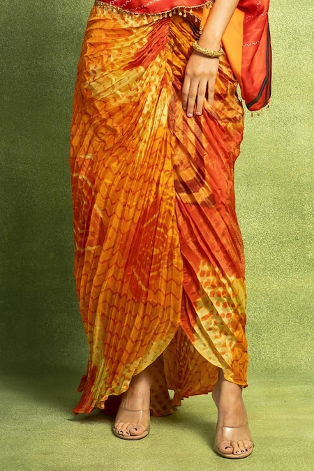 Vedika M_Red Satin, Linen, Tissue, Silk Abstract Floral Overlap Top And Pleated Skirt _at_Aza_Fashions