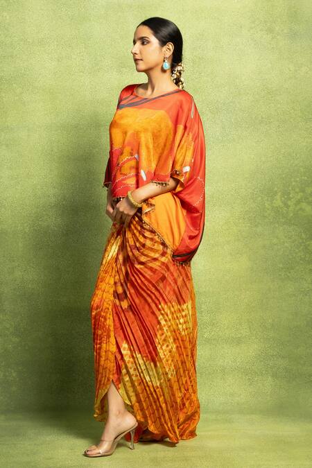 Buy_Vedika M_Red Satin, Linen, Tissue, Silk Abstract Floral Overlap Top And Pleated Skirt 