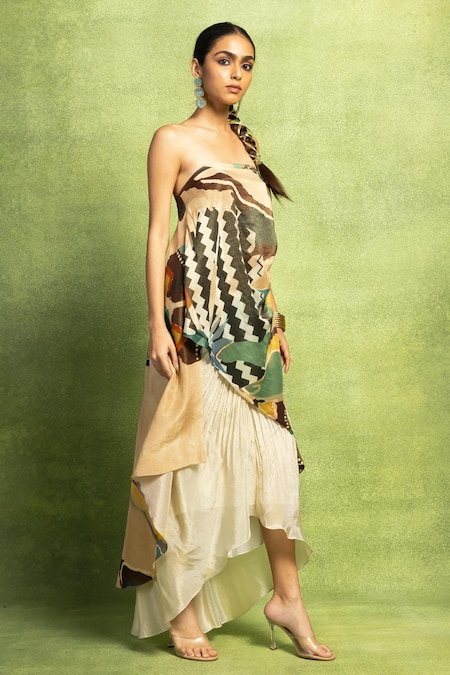 Shop_Vedika M_Beige Linen, Tissue, Silk Abstract Print Draped Off Top And Skirt Set _Online_at_Aza_Fashions