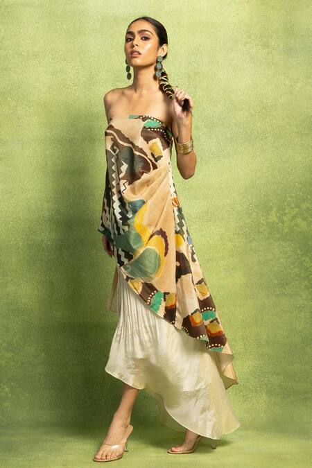 Vedika M_Beige Linen, Tissue, Silk Abstract Print Draped Off Top And Skirt Set _at_Aza_Fashions
